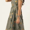 Grey Printed Rayon Calf Length Dress Work Wear