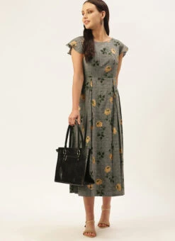 Grey Printed Rayon Calf Length Dress Work Wear 10 Grey Printed Rayon Calf Length Dress Work Wear -Indo Clothing Shop Grey Printed Rayon Calf Length Dress DRBS02106443 u
