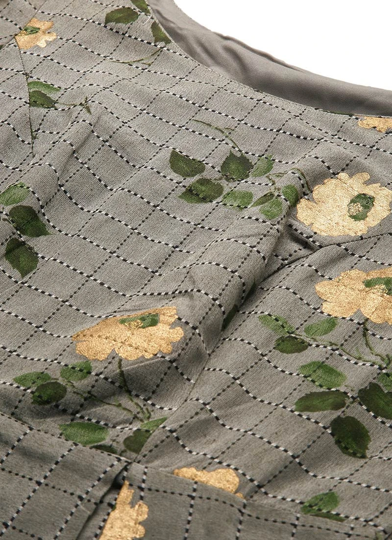 Grey Printed Rayon Calf Length Dress Work Wear 5 Grey Printed Rayon Calf Length Dress Work Wear - Image 5