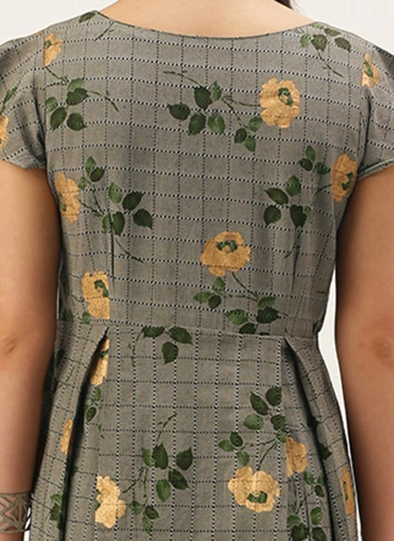 Grey Printed Rayon Calf Length Dress Work Wear 6 Grey Printed Rayon Calf Length Dress Work Wear - Image 6