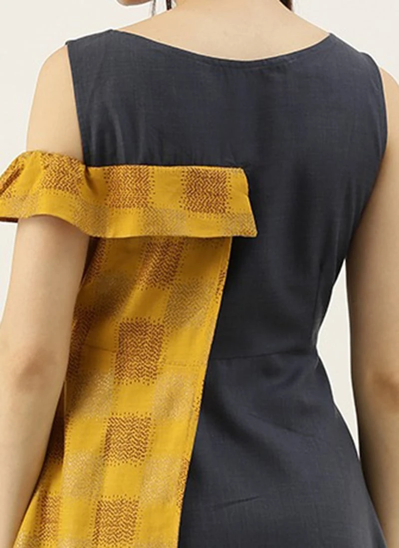 Grey Rayon N Mustard Printed Boat Neck Dress Party Wear 6 Grey Rayon N Mustard Printed Boat Neck Dress Party Wear - Image 6