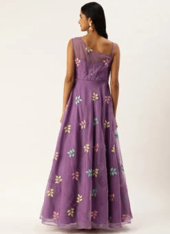 Lavender Embroidered Organza One Shoulder Gown Party Wear -Indo Clothing Shop Lavender Embroidered Organza One Shoulder Gown IWBS02308839 b