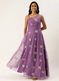 Lavender Embroidered Organza One Shoulder Gown Party Wear -Indo Clothing Shop Lavender Embroidered Organza One Shoulder Gown IWBS02308839 u