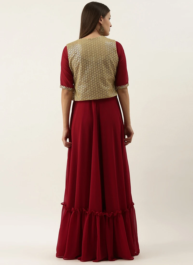Beige Net N Maroon Jacket Style Gown Festive Wear 4 Beige Net N Maroon Jacket Style Gown Festive Wear - Image 4