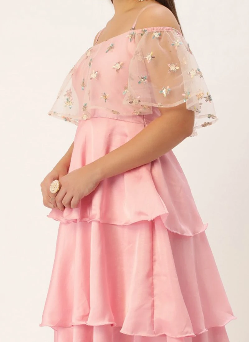 Light Beige Embroidered Net N Pink Satin Dress Party Wear 1 Light Beige Embroidered Net N Pink Satin Dress Party Wear