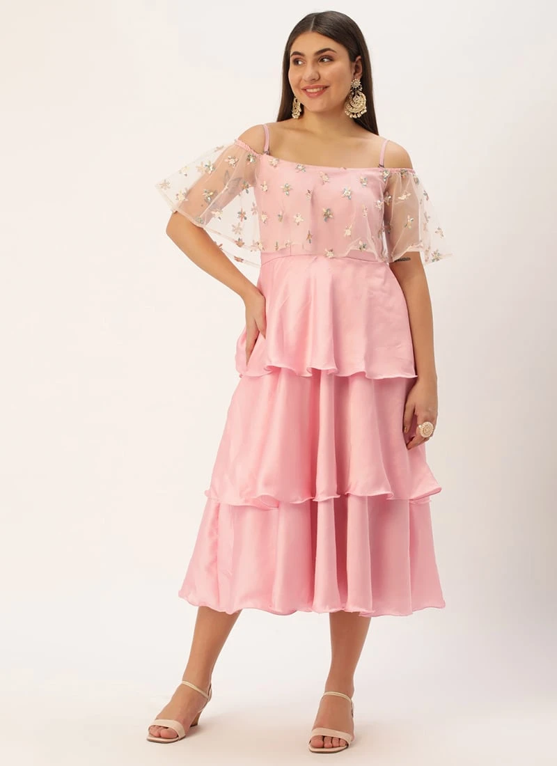 Light Beige Embroidered Net N Pink Satin Dress Party Wear 3 Light Beige Embroidered Net N Pink Satin Dress Party Wear - Image 3