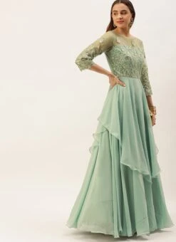 Light Blue Embroidered N Green Layered Gown Wedding Wear -Indo Clothing Shop Light Blue Embroidered N Green Layered Gown IWBS02211173 u
