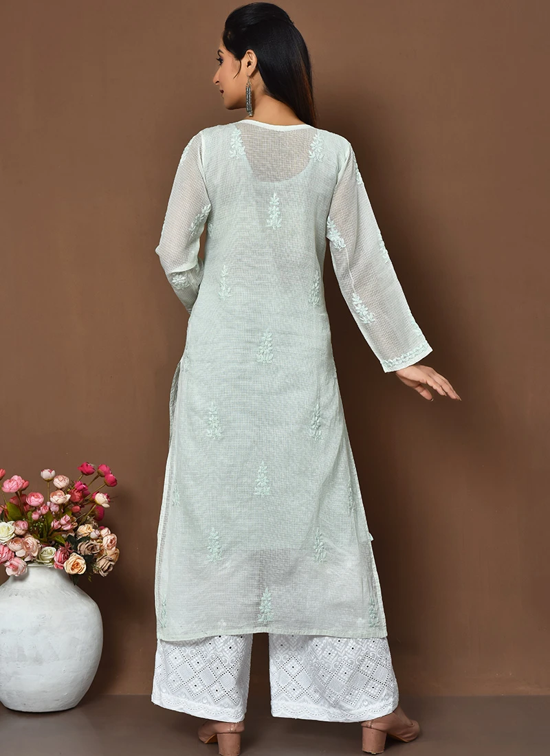 Light Sea Green Chikankari Kota Cotton Palazzo Set Festive Wear 4 Light Sea Green Chikankari Kota Cotton Palazzo Set Festive Wear - Image 4