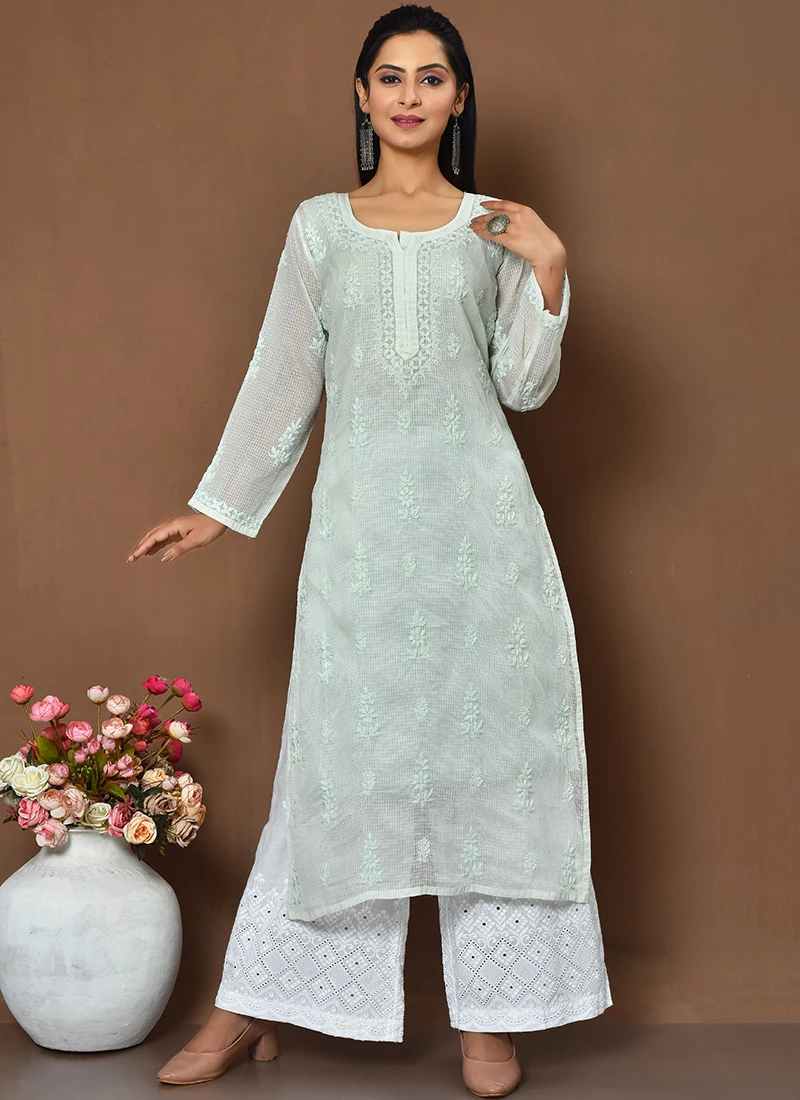 Light Sea Green Chikankari Kota Cotton Palazzo Set Festive Wear 3 Light Sea Green Chikankari Kota Cotton Palazzo Set Festive Wear - Image 3