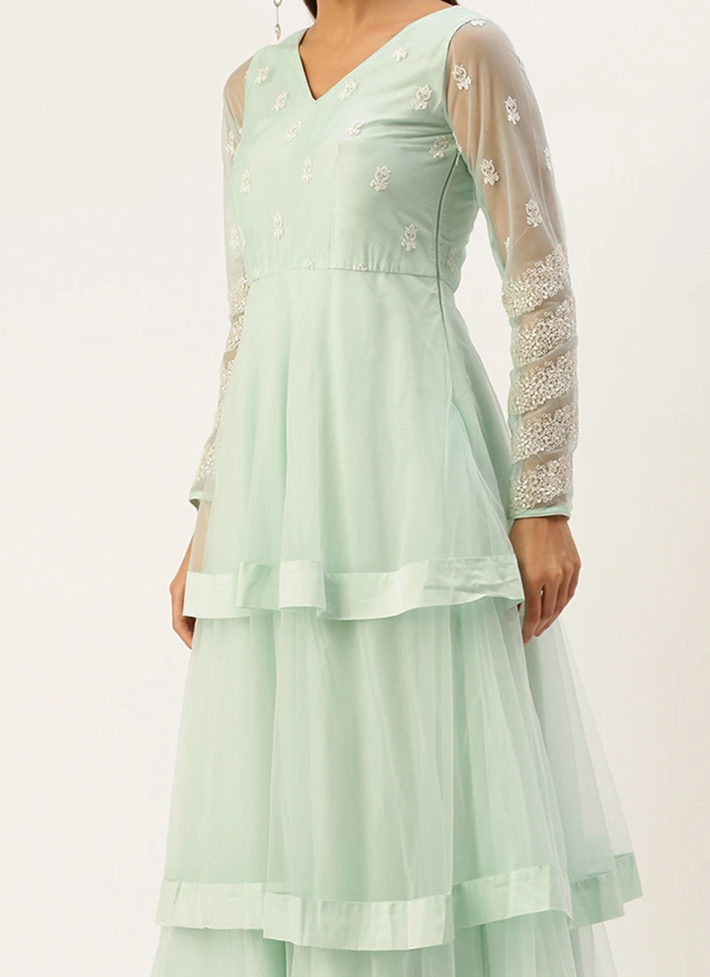 Light Sea Green Net Embroidered Gown Party Wear 1 Light Sea Green Net Embroidered Gown Party Wear