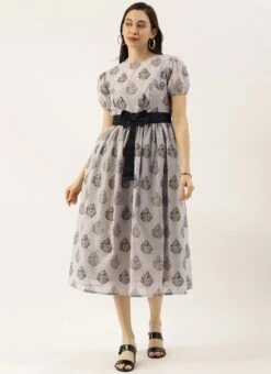 Lilac Hint Chanderi Silk Puff Sleeve Dress Festive Wear -Indo Clothing Shop Lilac Hint Chanderi Silk Puff Sleeve Dress DRBS02012713 u