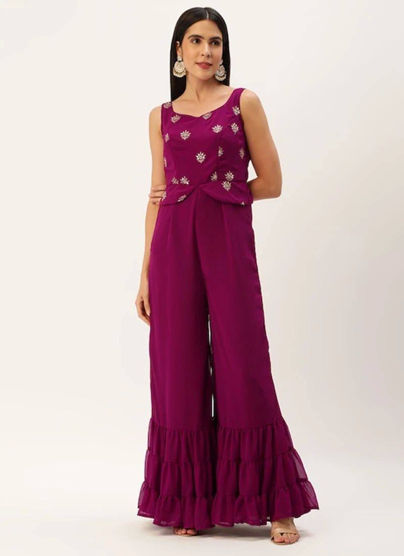 Magenta Georgette Embroidered Jumpsuit Festive Wear 3 Magenta Georgette Embroidered Jumpsuit Festive Wear - Image 3