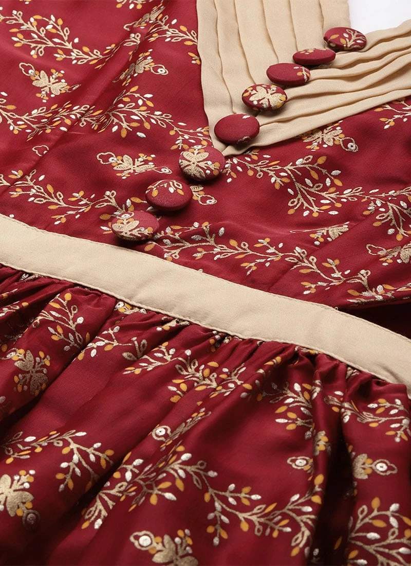 Maroon Art Silk Foil Printed Maxi Dress Festive Wear 5 Maroon Art Silk Foil Printed Maxi Dress Festive Wear - Image 5