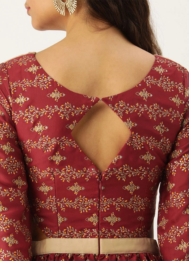 Maroon Art Silk Foil Printed Maxi Dress Festive Wear 6 Maroon Art Silk Foil Printed Maxi Dress Festive Wear - Image 6