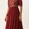Maroon Art Silk N Geogette Flare Dress Festive Wear
