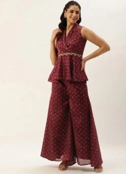 Bottom From Maroon Art Silk Printed Co Ords Set After Six Wear -Indo Clothing Shop Maroon Art Silk Printed Co Ords Set IWBS02302301 u