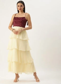 Maroon Art Silk Printed N Off White Layered Dress Festive Wear -Indo Clothing Shop Maroon Art Silk Printed N Off White Layered Dress IWBS02303686 u