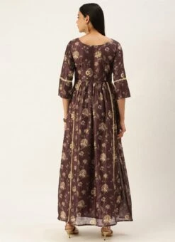 Maroon Chanderi Printed Floral Maxi Dress Festive Wear -Indo Clothing Shop Maroon Chanderi Printed Floral Maxi Dress DRBS02111085 b