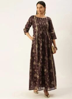 Maroon Chanderi Printed Floral Maxi Dress Festive Wear -Indo Clothing Shop Maroon Chanderi Printed Floral Maxi Dress DRBS02111085 u