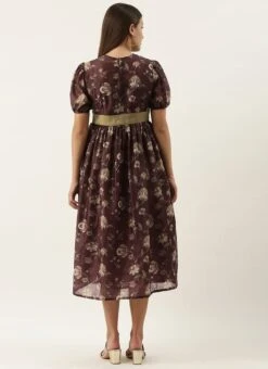 Maroon Chanderi Silk Puff Sleeve Dress Festive Wear After Six Wear -Indo Clothing Shop Maroon Chanderi Silk Puff Sleeve Dress DRBS02201262 b