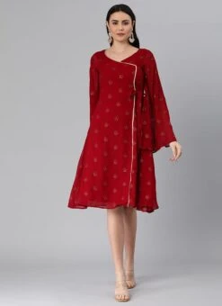 Maroon Embroidered Overlapped Knee Length Dress Festive Wear 10 Maroon Embroidered Overlapped Knee Length Dress Festive Wear -Indo Clothing Shop Maroon Embroidered Overlapped Knee Length Dress DRBS02205021 u