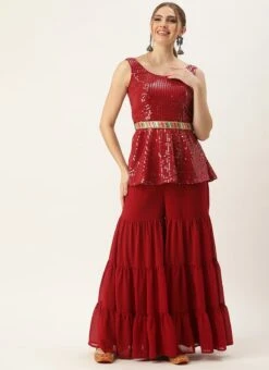 Bottom From Maroon Embroidered Top N Palazzo Set After Six Wear -Indo Clothing Shop Maroon Embroidered Top N Palazzo Set IWBS02303875 u