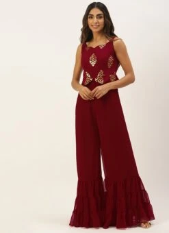 Maroon Georgette Sequins Jumpsuit Festive Wear -Indo Clothing Shop Maroon Georgette Sequins Jumpsuit DRBS02208429 u