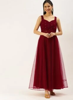 Maroon N Red Embroidered Dress Party Wear -Indo Clothing Shop Maroon N Red Embroidered Dress DRBS02206264 u