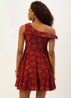 Maroon Printed One Shoulder Dress Party Wear After Six Wear -Indo Clothing Shop Maroon Printed One Shoulder Dress DRBS02205963 b