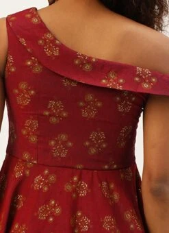 Maroon Printed One Shoulder Dress Party Wear After Six Wear -Indo Clothing Shop Maroon Printed One Shoulder Dress DRBS02205963 rrc2