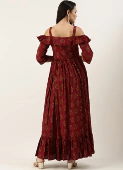 Maroon Rayon Printed Strap Neckline Dress After Six Wear -Indo Clothing Shop Maroon Rayon Printed Strap Neckline Dress DRBS02204728 b