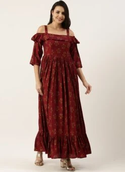 Maroon Rayon Printed Strap Neckline Dress After Six Wear -Indo Clothing Shop Maroon Rayon Printed Strap Neckline Dress DRBS02204728 u