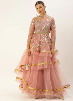 Mauve Crew Neck Layered Net Embroidered Gown Wedding Wear -Indo Clothing Shop Mauve Crew Neck Layered Net Embroidered Gown IWBS02007263 u