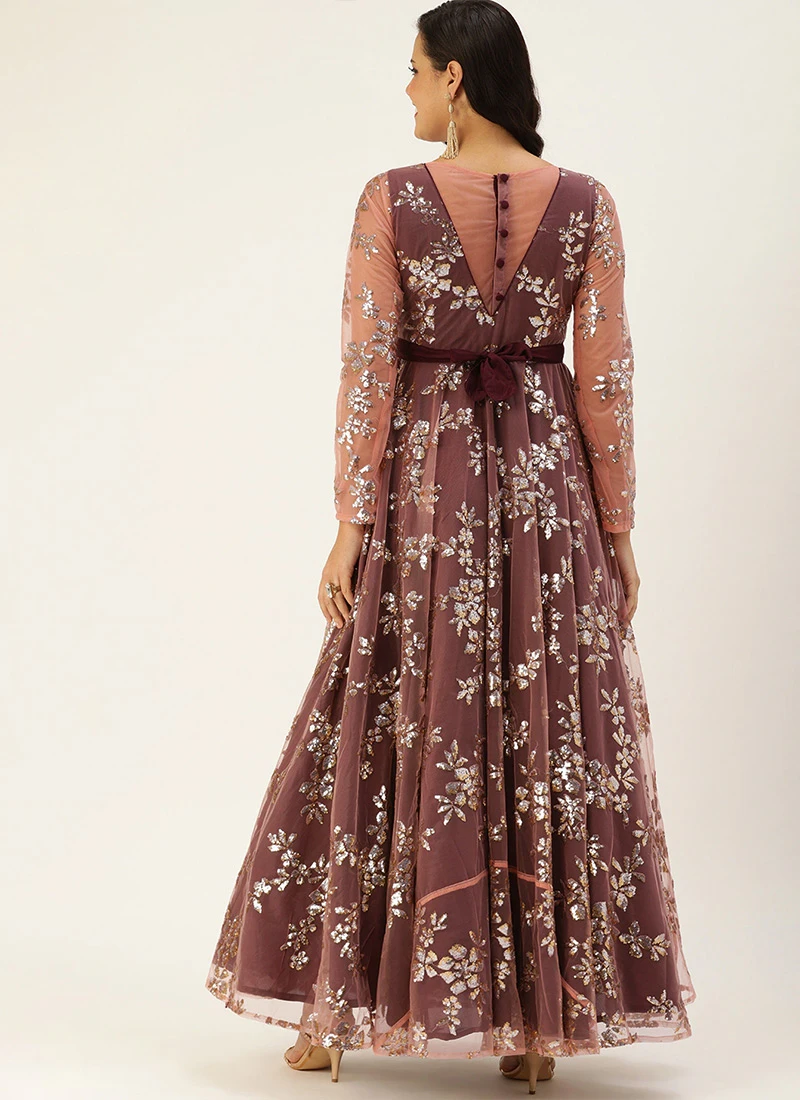 Mauve Embroidered Floor Length Gown Party Wear 4 Mauve Embroidered Floor Length Gown Party Wear - Image 4