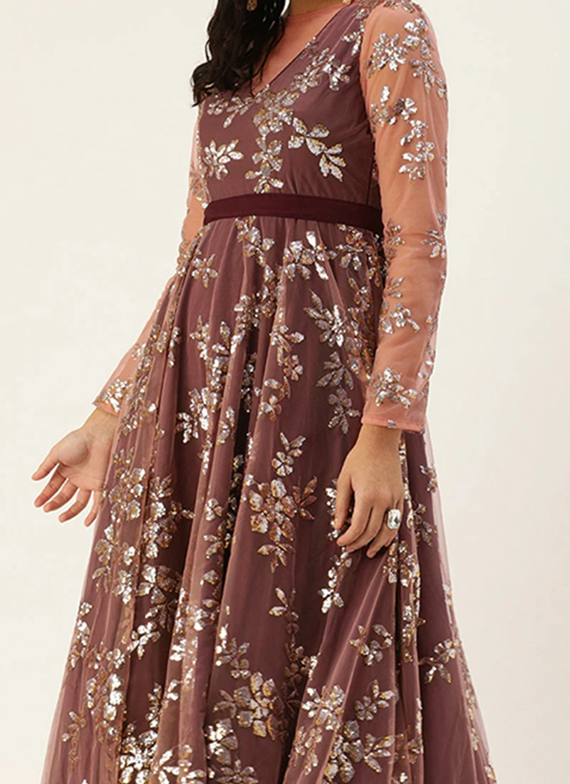 Mauve Embroidered Floor Length Gown Party Wear 1 Mauve Embroidered Floor Length Gown Party Wear