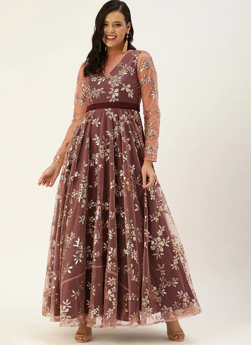 Mauve Embroidered Floor Length Gown Party Wear 3 Mauve Embroidered Floor Length Gown Party Wear - Image 3