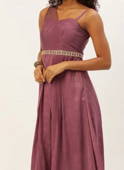 Mauve Foil Printed Satin Draped Gown Party Wear