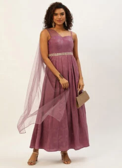 Mauve Foil Printed Satin Draped Gown Party Wear 10 Mauve Foil Printed Satin Draped Gown Party Wear -Indo Clothing Shop Mauve Foil Printed Satin Draped Gown IWBS02209695 u