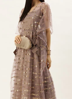Mauve Net Embroidered Kaftan Style Gown Party Wear