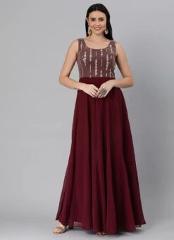 Mauve Net Sequins N Burgundy Godet Dress Festive Wear -Indo Clothing Shop Mauve Net Sequins N Burgundy Godet Dress DRBS02205032 u 1
