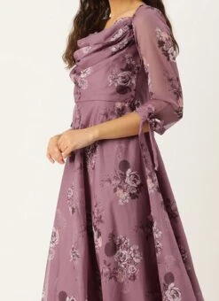 Mauve Organza Digital Printed Cowl Style Dress After Six Wear