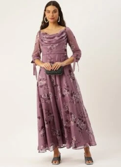 Mauve Organza Digital Printed Cowl Style Dress After Six Wear -Indo Clothing Shop Mauve Organza Digital Printed Cowl Style Dress DRBS02210000 u