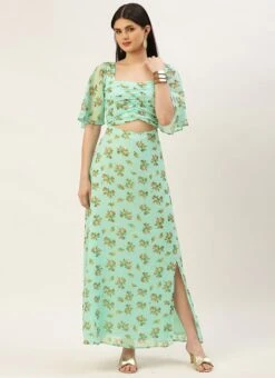 Mint Green Georgette Digital Printed Dress Festive Wear After Six Wear -Indo Clothing Shop Mint Green Georgette Digital Printed Dress DRBS02211307 u 1