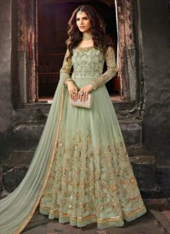 Mint Green Net Embroidered Gown Party Wear -Indo Clothing Shop Mint Green Net Embroidered Gown BGWSCC5401 u