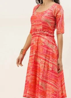 Multicolored Art Silk Round Neck Dress Festive Wear