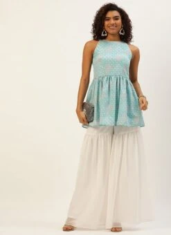 Top From Multicolored Georgette Embroidered Gharara Suit After Six Wear -Indo Clothing Shop Multicolored Georgette Embroidered Gharara Suit IWBS02209754 u