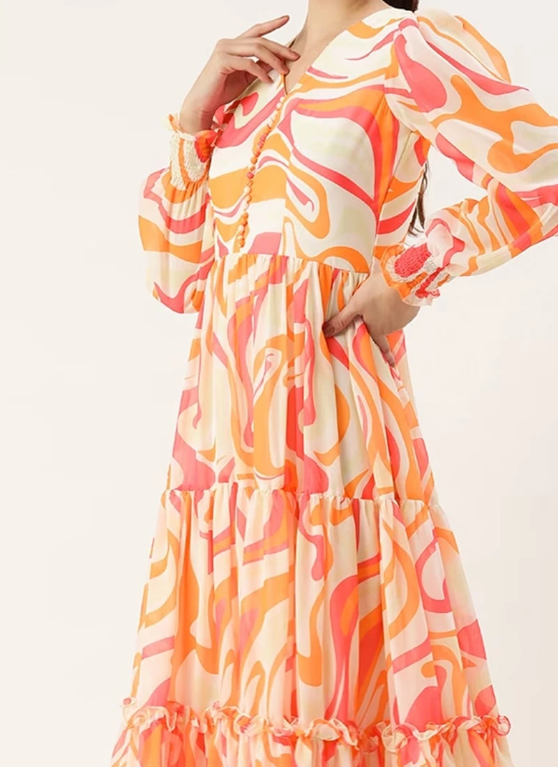 Multicolored Georgette Pinted Tiered Gathers Dress After Six Wear 1 Multicolored Georgette Pinted Tiered Gathers Dress After Six Wear