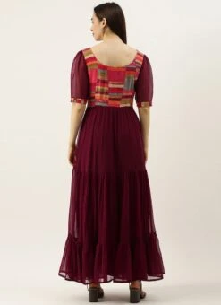 Multicolored N Burgundy Georgette Gathers Dress After Six Wear -Indo Clothing Shop Multicolored N Burgundy Geogette Gathers Dress DRBS02105359 b