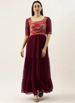 Multicolored N Burgundy Georgette Gathers Dress After Six Wear -Indo Clothing Shop Multicolored N Burgundy Geogette Gathers Dress DRBS02105359 u