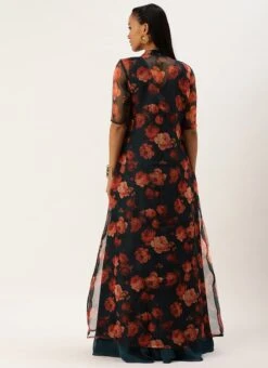 Multicolored Organza Jacket N Teal Blue Dress Festive Wear -Indo Clothing Shop Multicolored Organza Jacket N Teal Blue Dress DRBS02303652 b